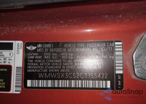 2012 Mini Cooper S z USA, uszkodzony, nr VIN WMWSX3C52CT155422